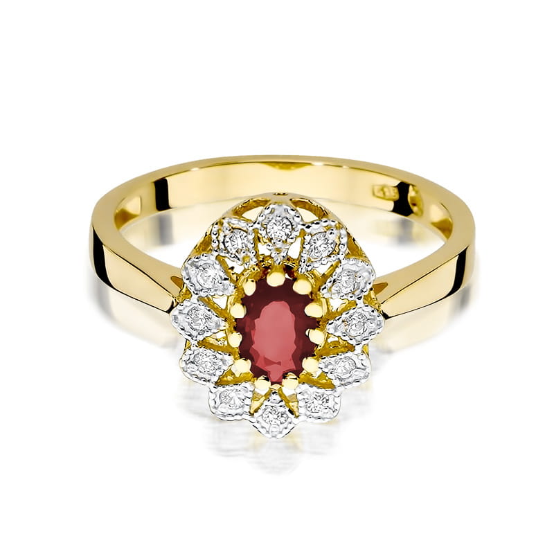 W0354.Z3.RUR.01_2 Złoty pierścionek z owalnym rubinem otoczonym diamentami w kształcie kwiatów.