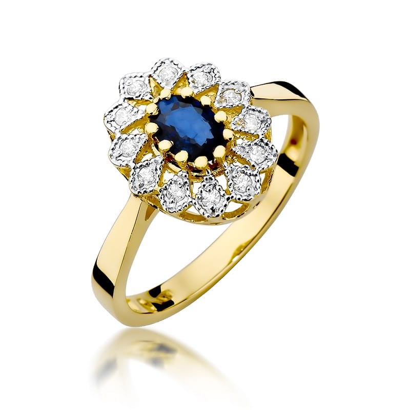 W0354.Z3.SAB.01_1 Złoty pierścionek z niebieskim kamieniem w centrum, otoczony diamentami w kształcie kwiatu.