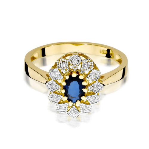 Złoty pierścionek z owalnym szafirem otoczonym diamentami w kształcie kwiatu.