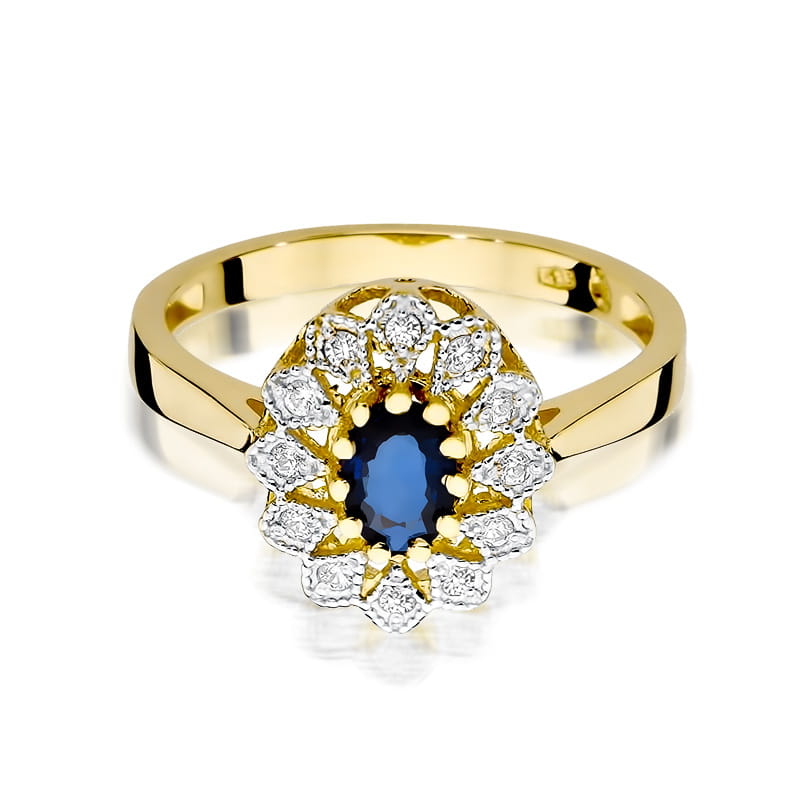 W0354.Z3.SAB.01_2 Złoty pierścionek z owalnym szafirem otoczonym diamentami w kształcie kwiatu.