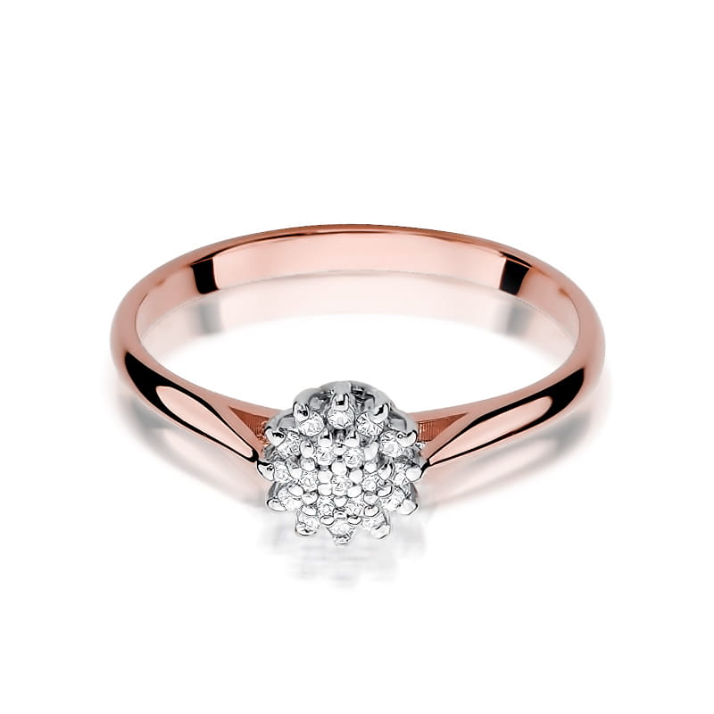 W0401.R3.DIW.01_2 Pierścionek z różowego złota z okrągłym, błyszczącym diamentowym wzorem na środku.