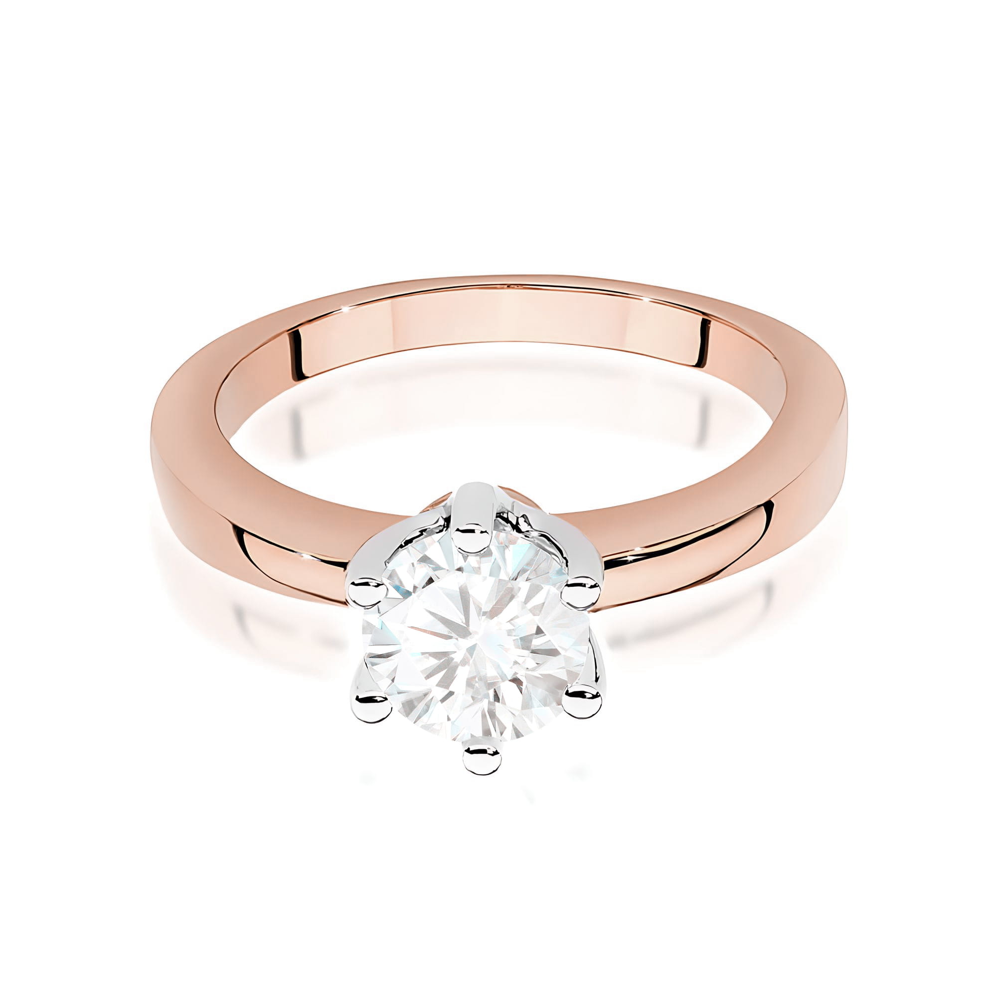 W0482.R3.LDW.03_2 Pierścionek z różowego złota z dużym, okrągłym diamentem osadzonym w sześciu łapkach.