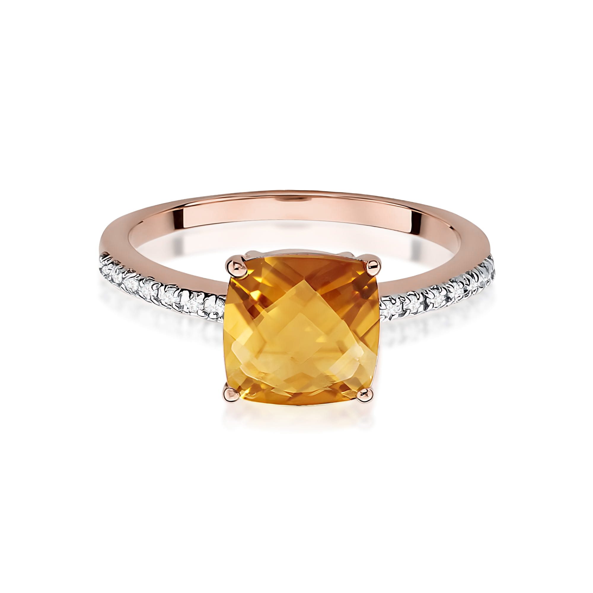 W0511.R3.CIY.01_2 Złoty pierścionek z dużym, kwadratowym cytrynem i ozdobnymi diamentami na obrączce.