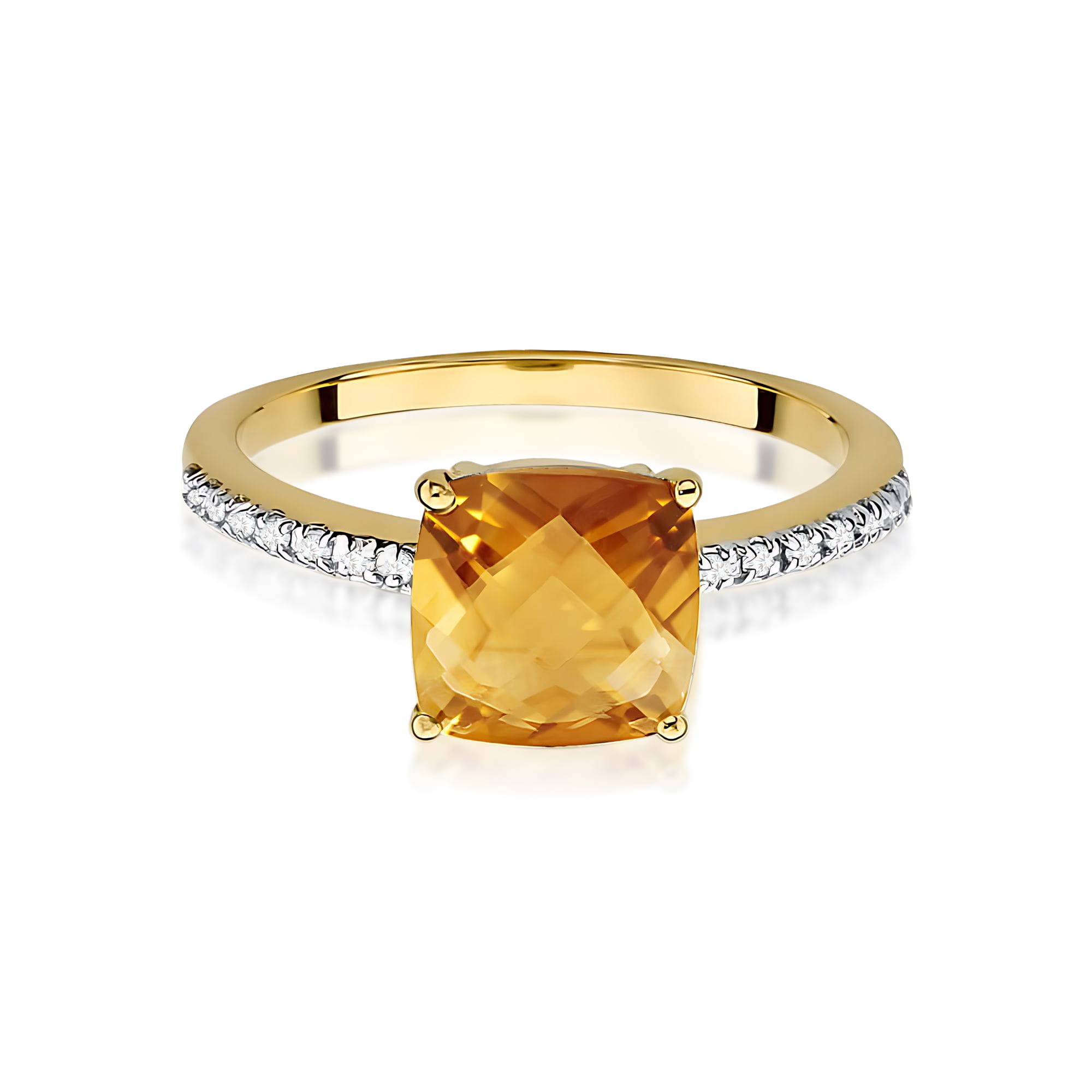 W0511.Z3.CIY.01_2 Złoty pierścionek z dużym, kwadratowym cytrynem i drobnymi diamentami na obrączce.