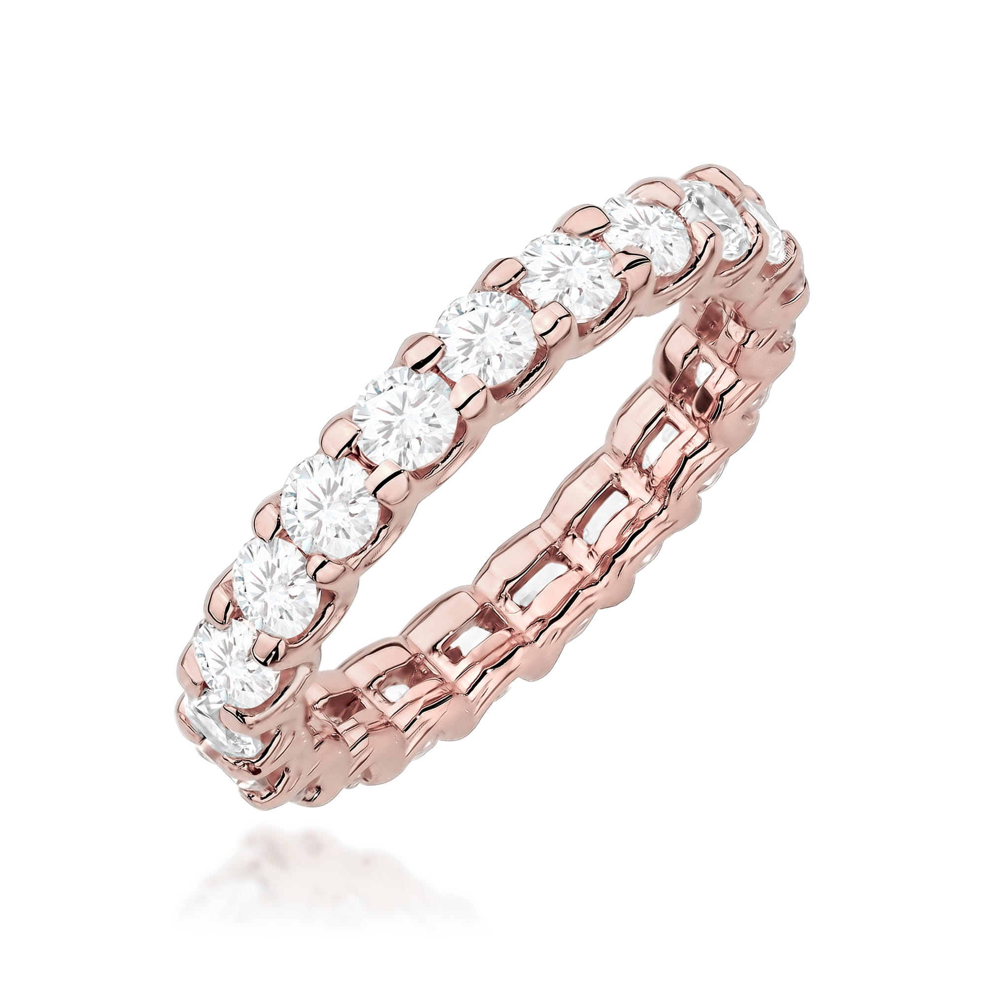 W0515.R3.LDW.01_1 Różowe złote pierścionek z diamentami, ozdobiony równymi, okrągłymi kamieniami.