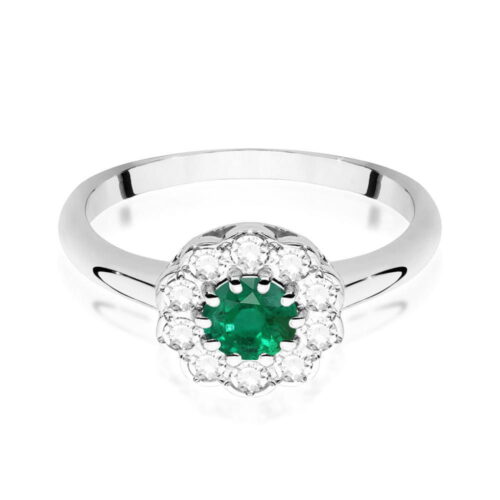 Srebrny pierścionek z zielonym szmaragdem otoczonym diamentami w kształcie kwiatu.