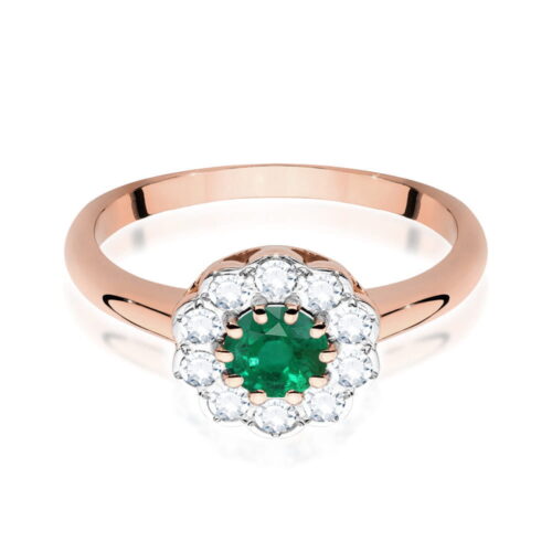 Złoty pierścionek z zielonym szmaragdem otoczonym diamentami w kształcie kwiatu.