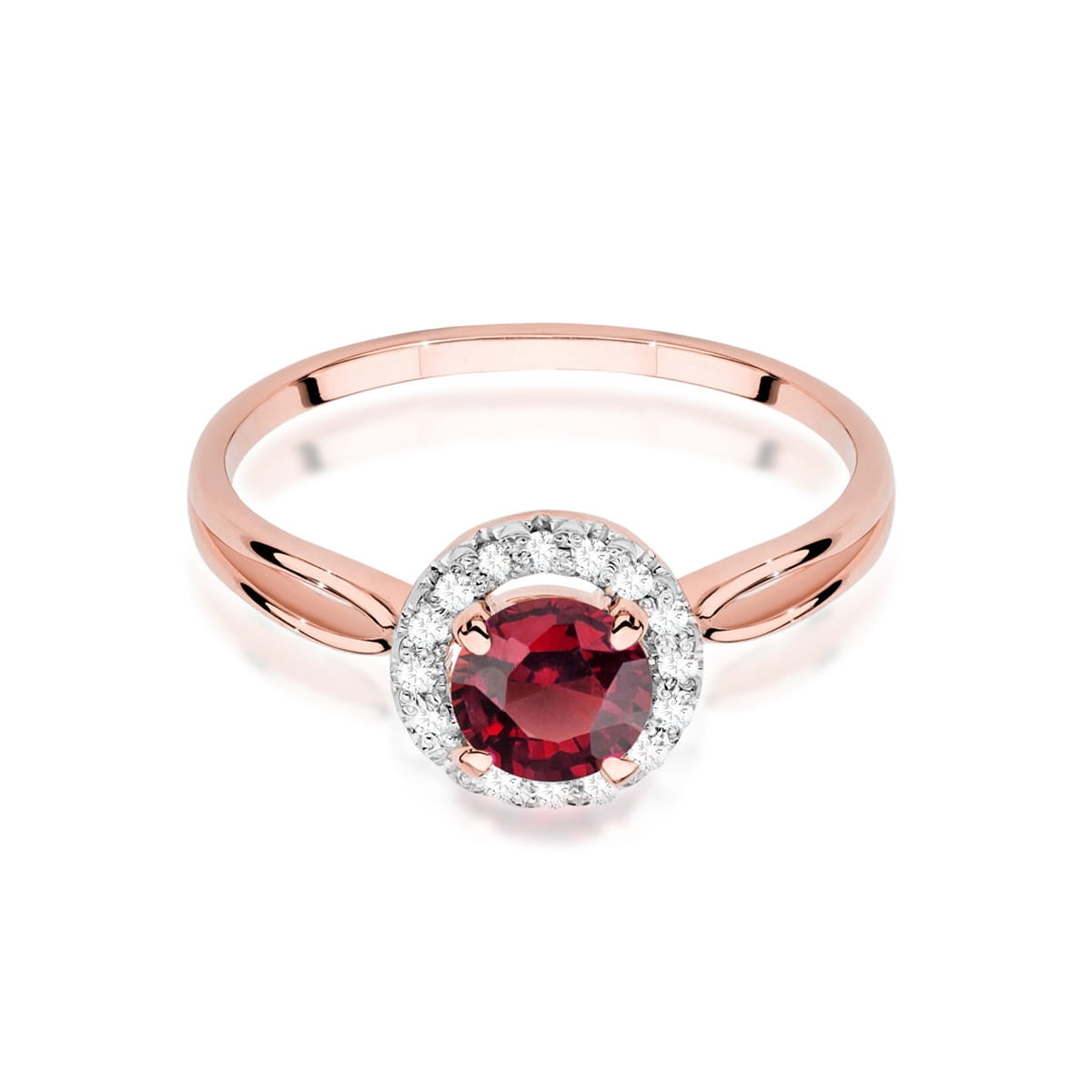 W0538.R3.RUR.01_2 Pierścionek z różowego złota z okrągłym rubinem otoczonym diamentami.