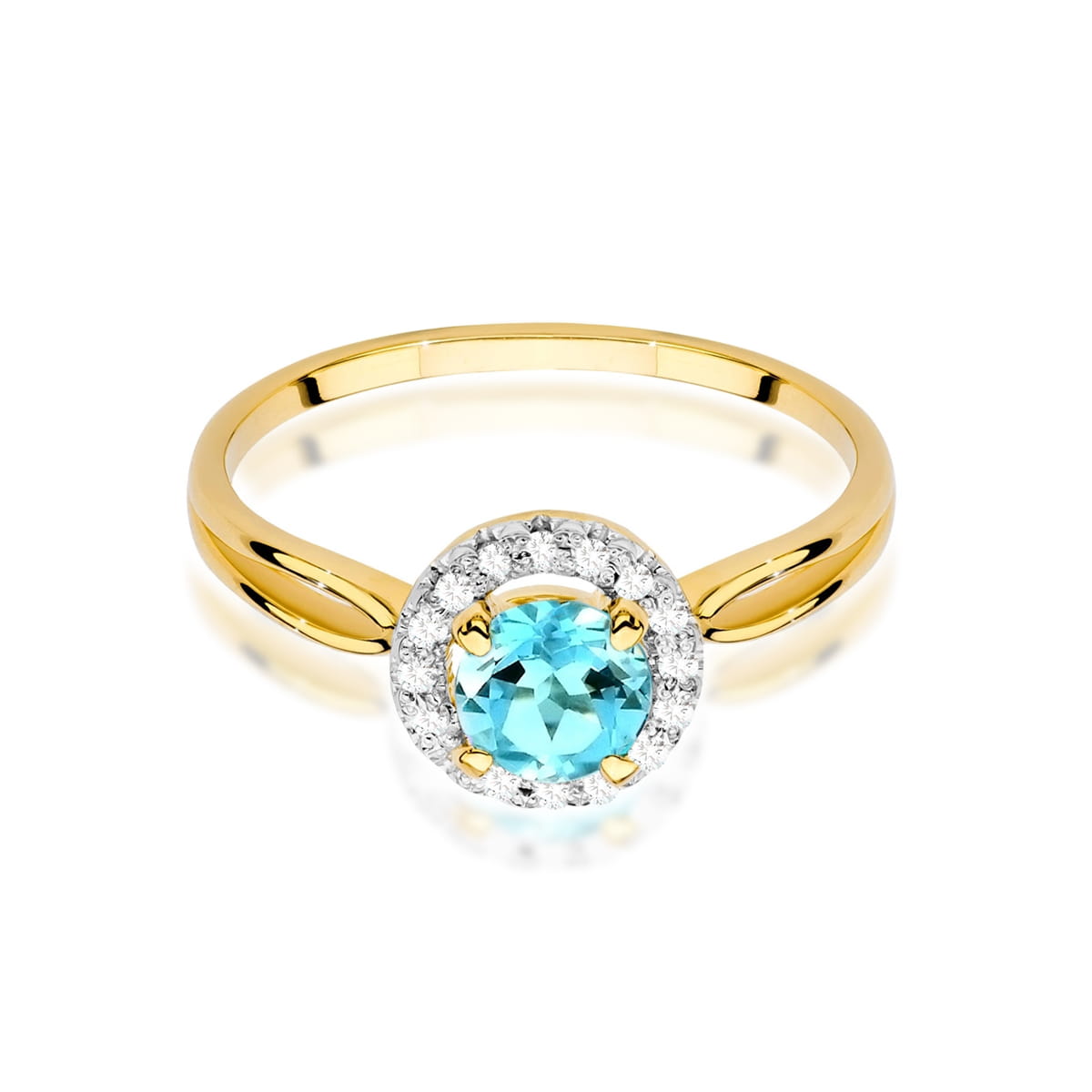 W0538.Z3.TOB.01_2 Złoty pierścionek z niebieskim kamieniem otoczonym diamentowymi cyrkoniami.