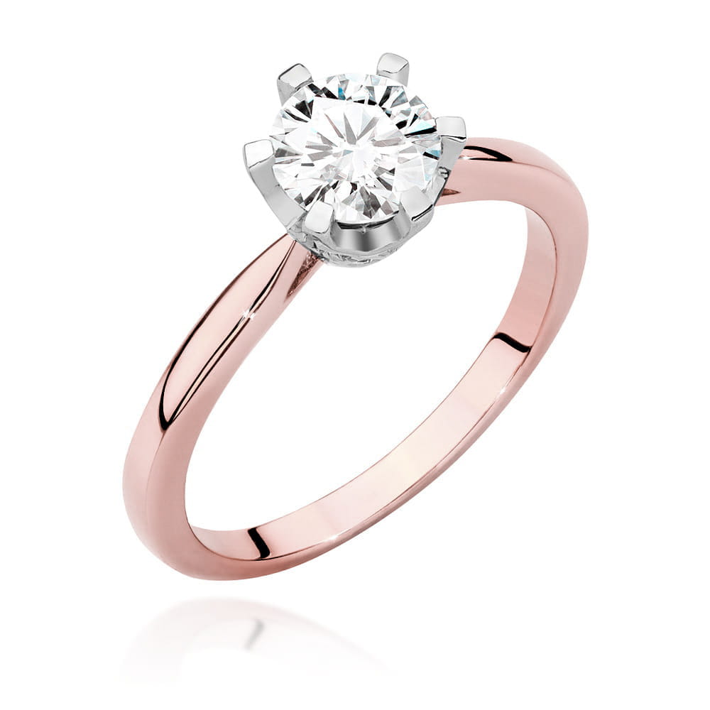 W0539.R3.DIW.03_1 Różowe złote pierścionek z dużym, okrągłym diamentem osadzonym w srebrnej koronie.