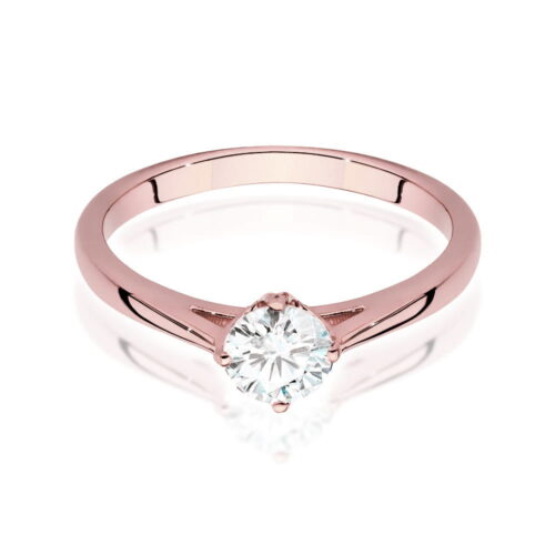 Różowe złote pierścionek z okrągłym diamentem na centralnej części.