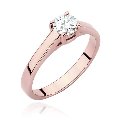 Różowe złote pierścionek z diamentem w centralnej części, błyszczący i elegancki.