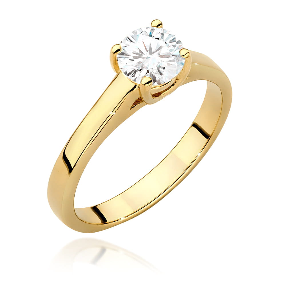 W0544.Z3.LDW.03_3 Złoty pierścionek z okrągłym diamentem osadzonym w czterech łapkach.