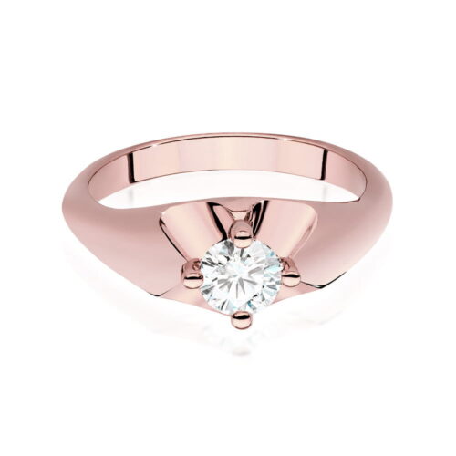 Różowe złote pierścionek z okrągłym diamentem osadzonym w centralnej części.
