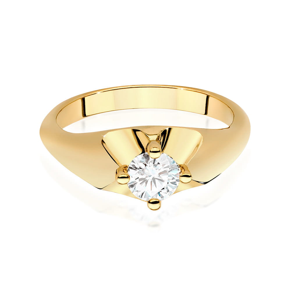 W0545.Z3.LDW.02_4 Złoty pierścionek z okrągłym diamentem osadzonym w centralnej części.