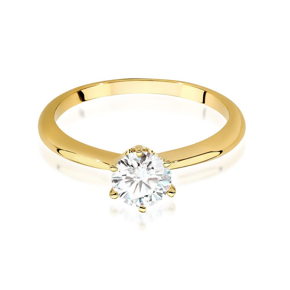 W0553.Z3.LDW.03_4 Złoty pierścionek z okrągłym, przezroczystym diamentem osadzonym w sześciu szponach.