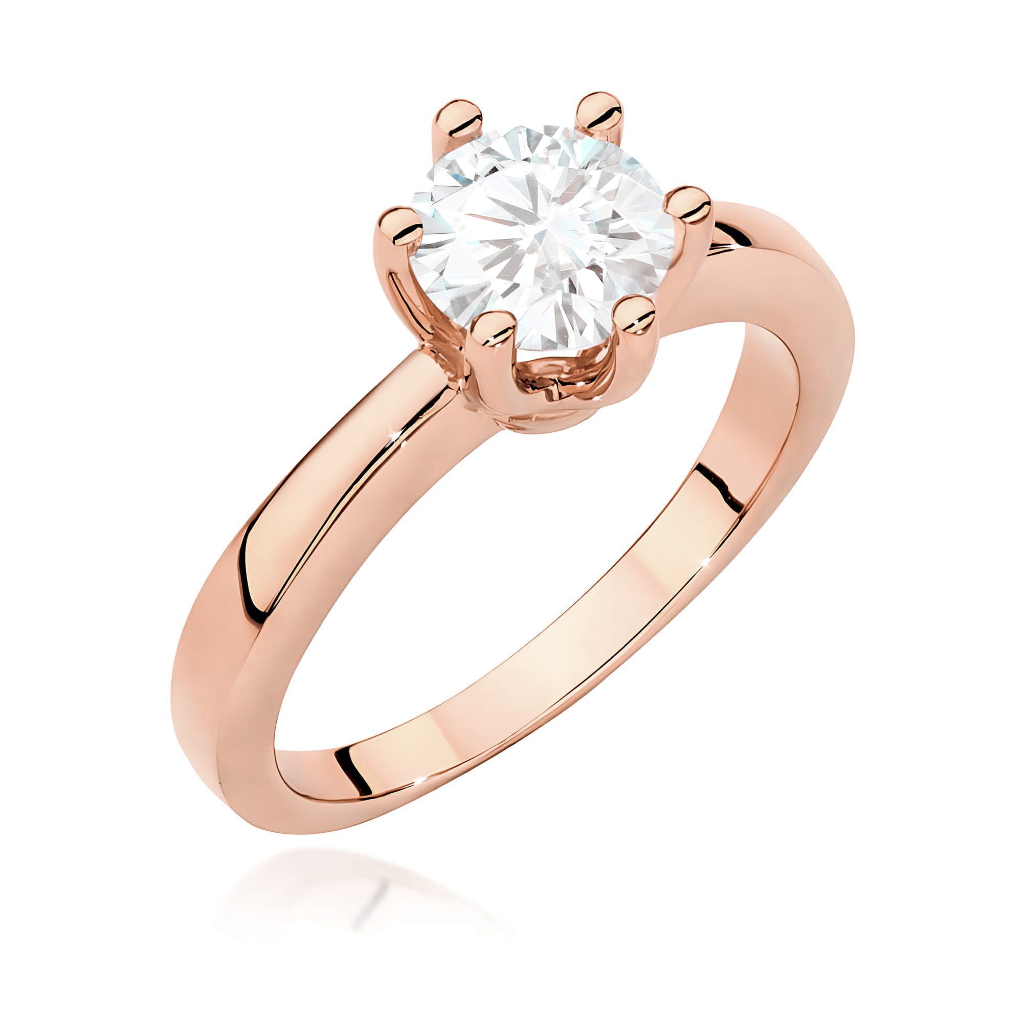 W0563.R3.LDW.04_1 Złoty pierścionek z okrągłym, przezroczystym diamentem osadzonym w sześciu szponach.