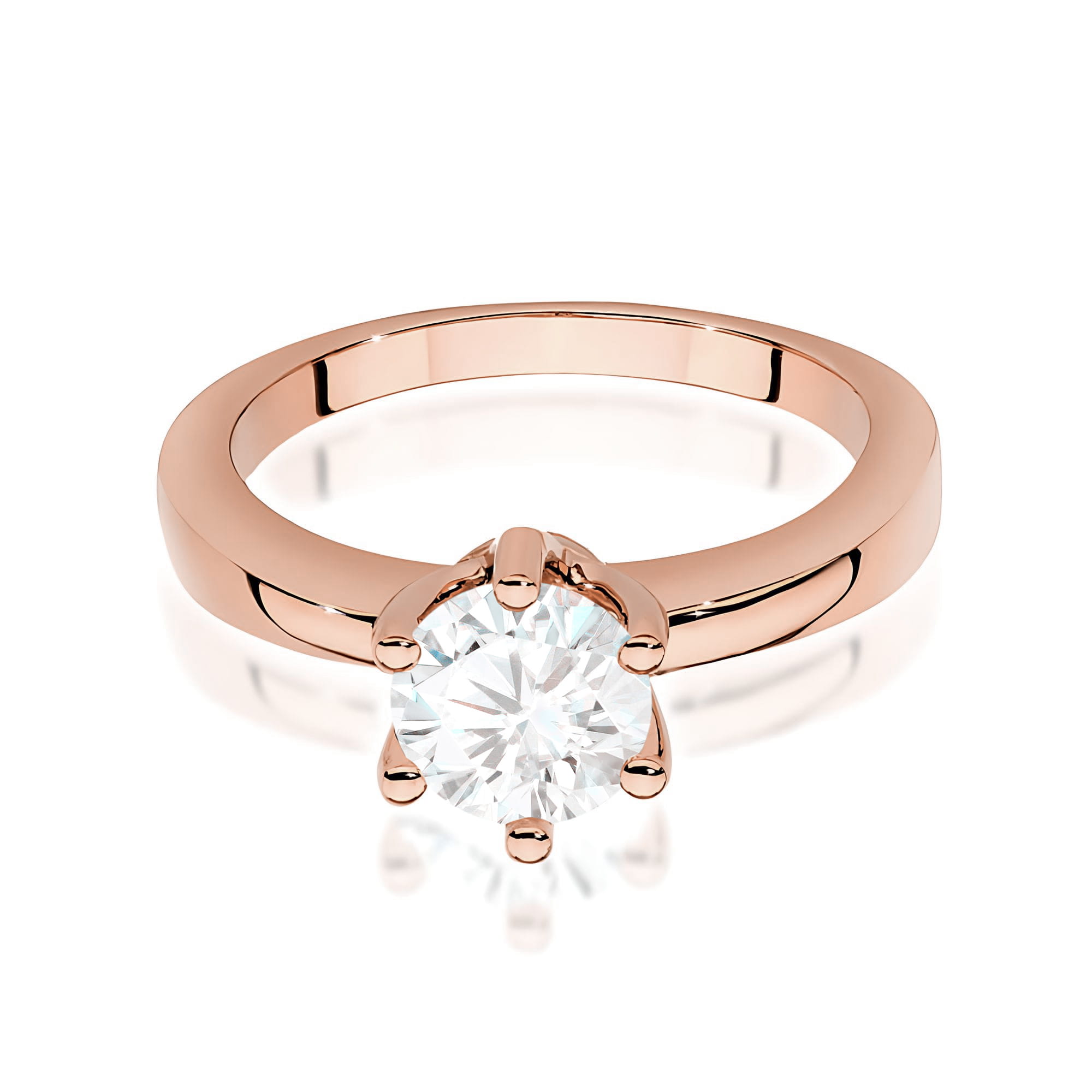 W0563.R3.LDW.04_2 Różowe złote pierścionek z dużym, okrągłym diamentem osadzonym w sześciu łapkach.