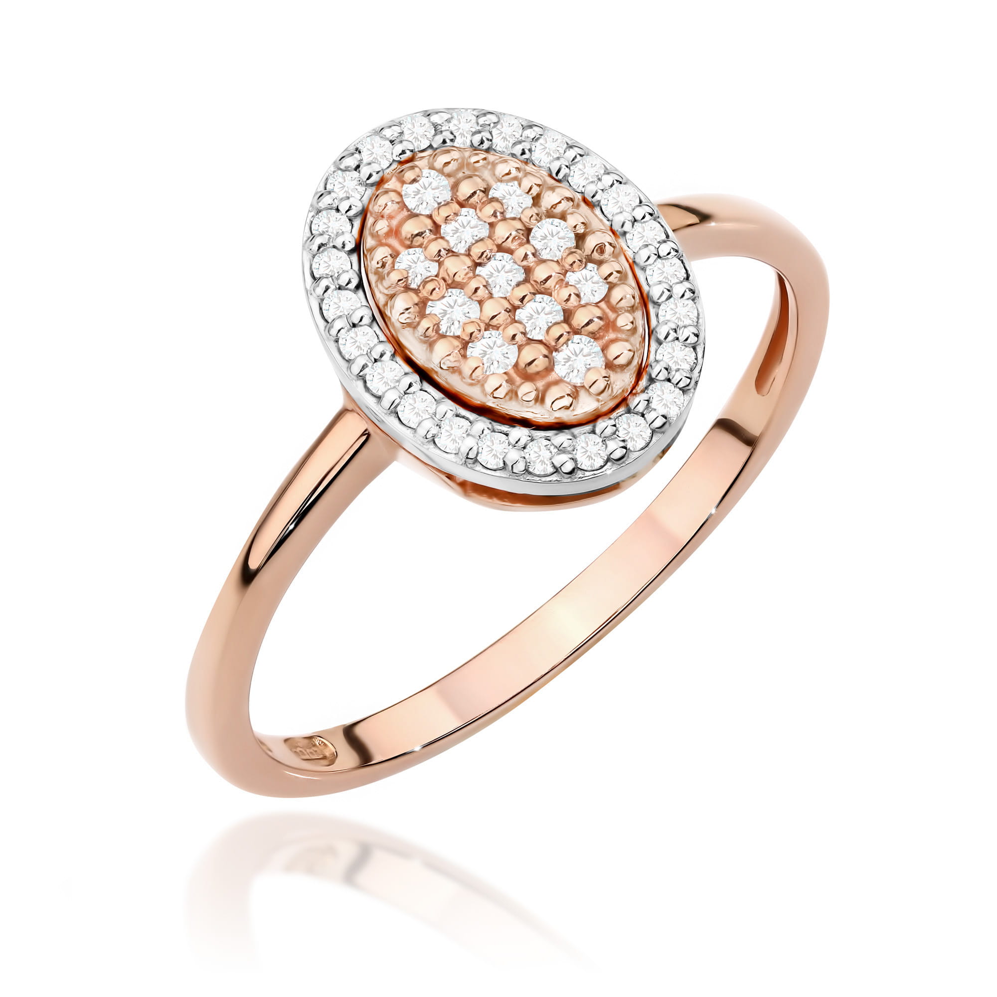 W0570.R3.DIW.01_1 Pierścionek z różowego złota z owalnym, wysadzanym diamentami elementem w srebrnej oprawie.