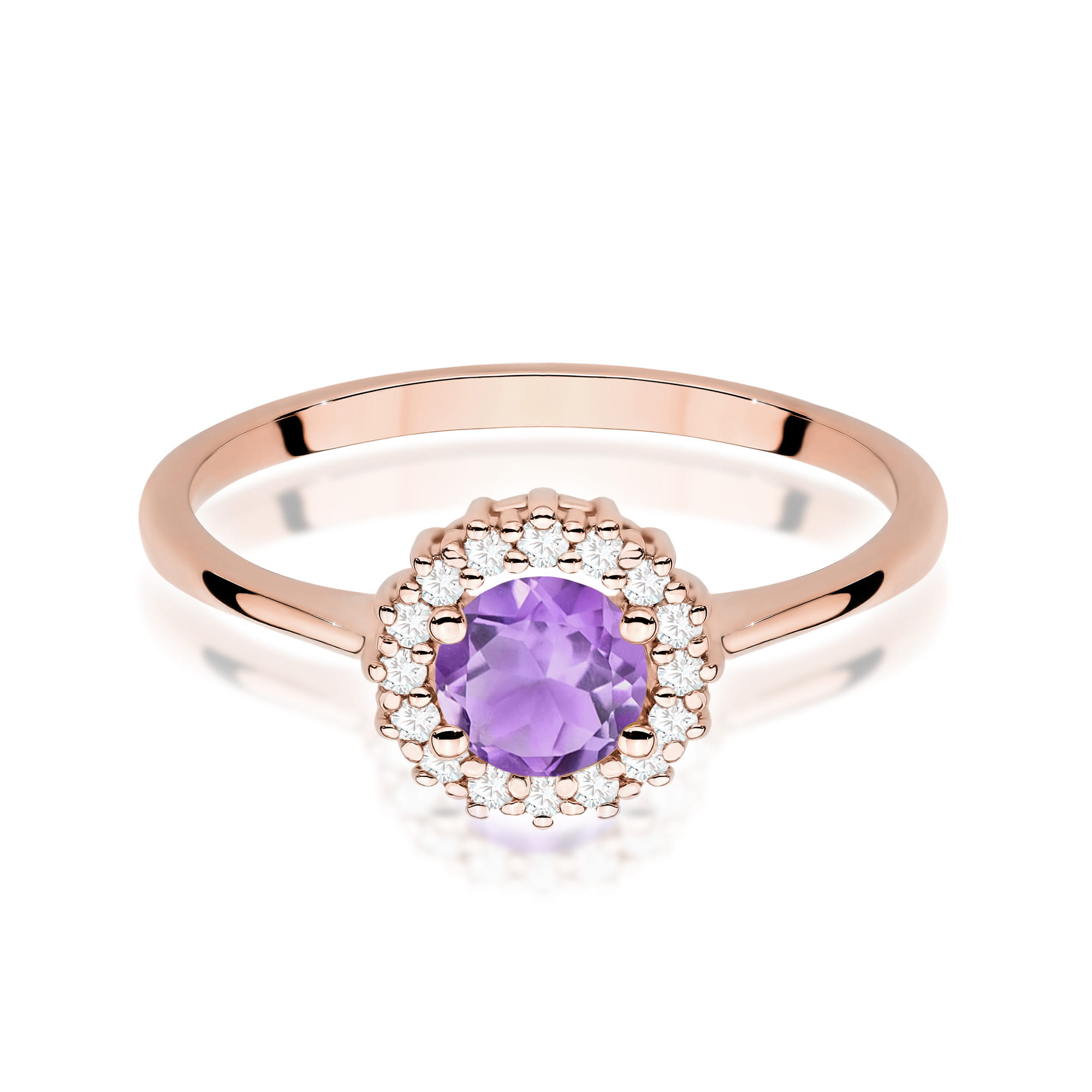 W0572.R3.AMV.01_2 Różowe złote pierścionek z fioletowym kamieniem otoczonym diamentami.