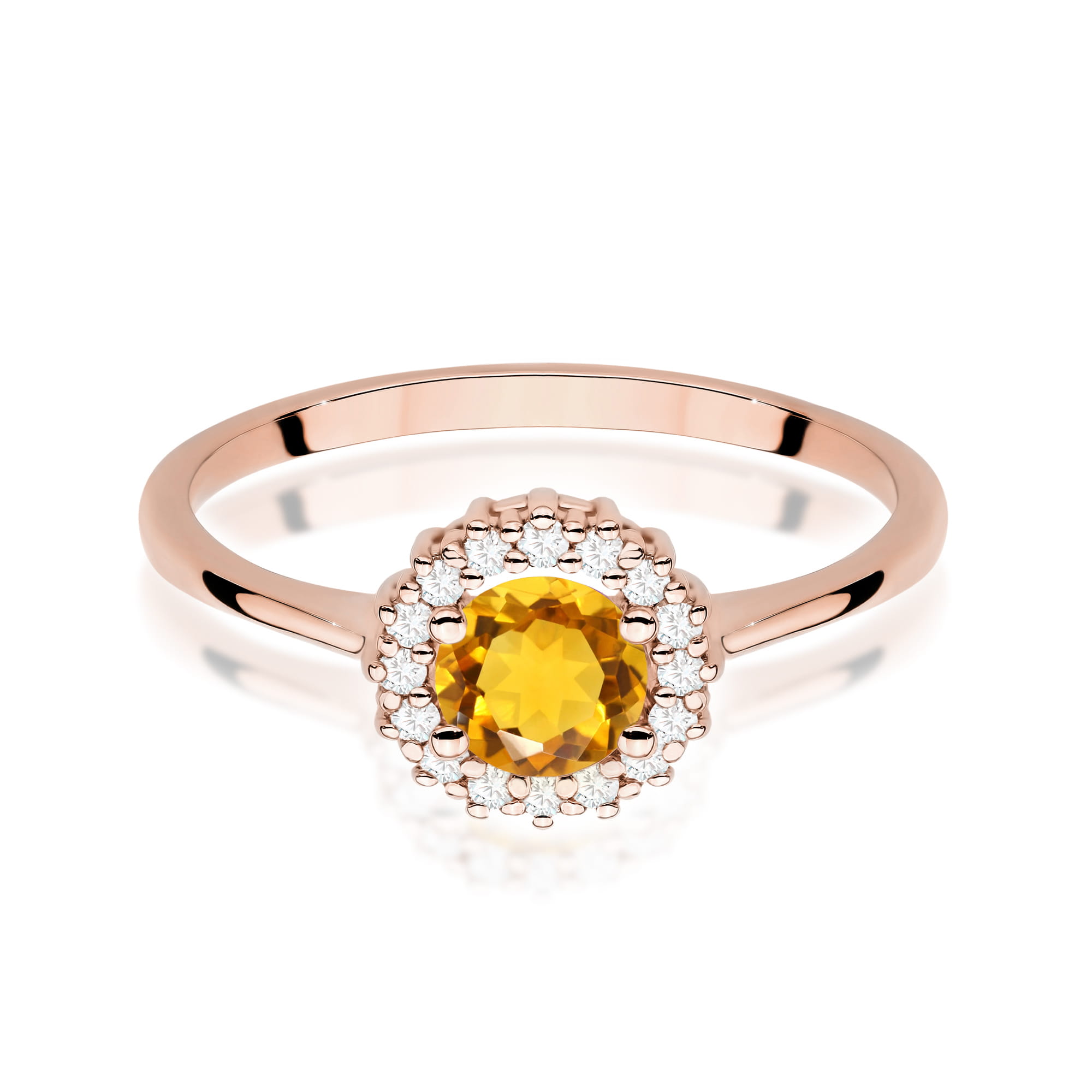 W0572.R3.CIY.01_2 Złoty pierścionek z żółtym kamieniem centralnym otoczonym diamentowymi cyrkoniami.