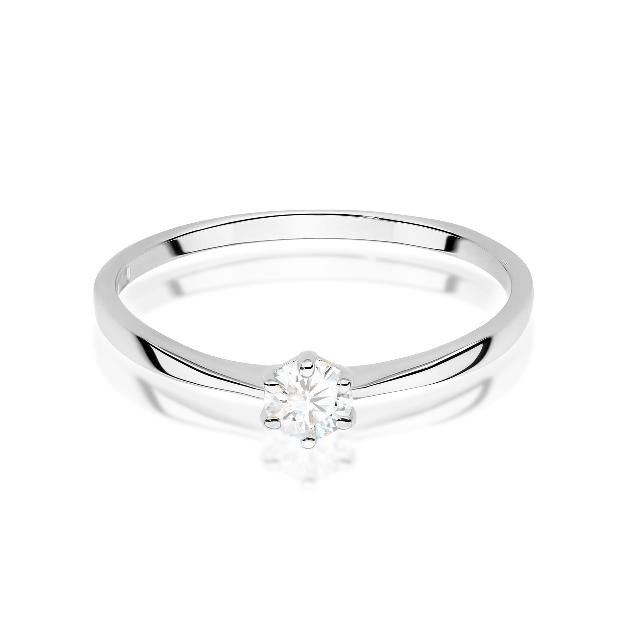 W0579.B3.DIW.03_2 Srebrny pierścionek z pojedynczym, okrągłym diamentem na delikatnej obrączce.