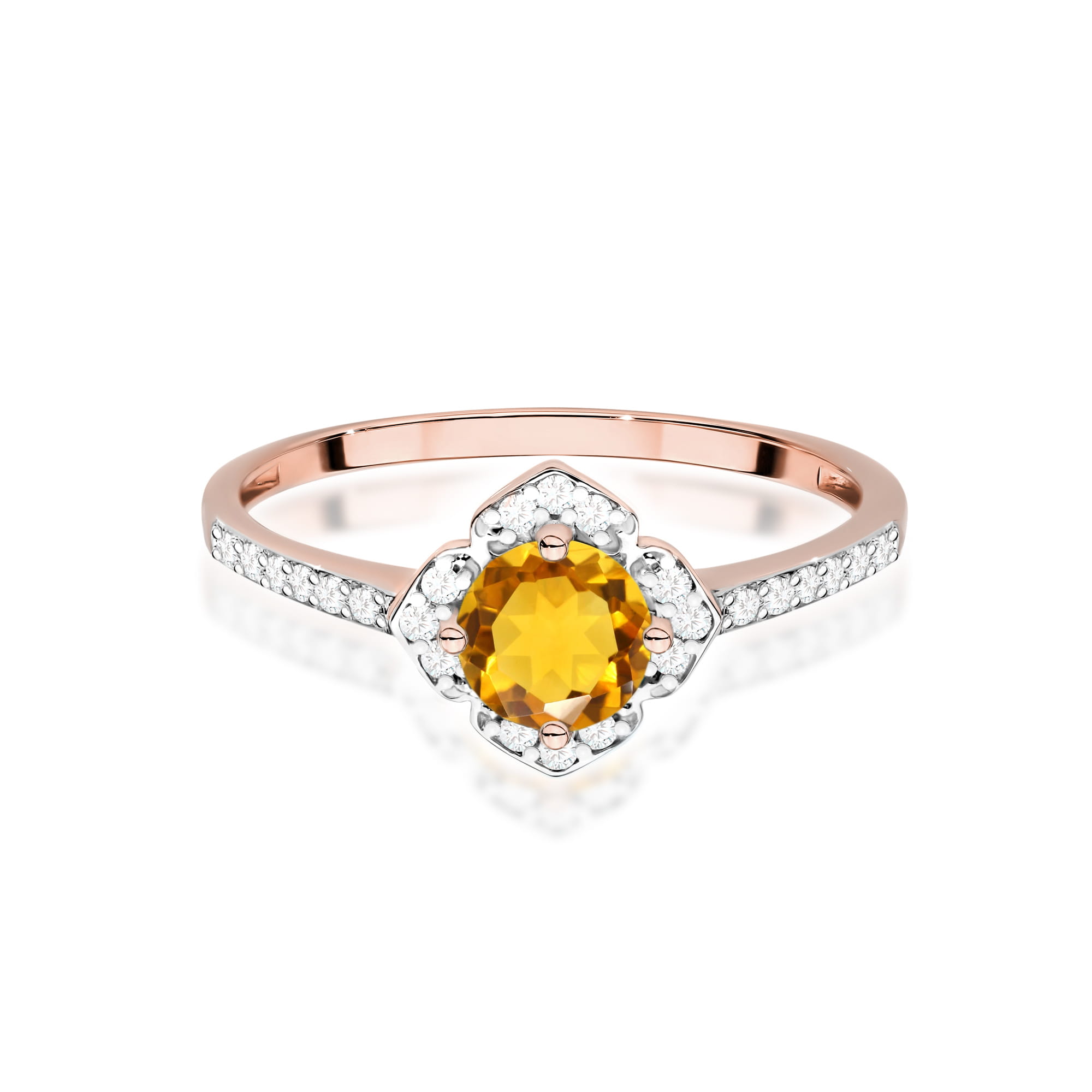 W0603.R3.CIY.01_2 Złoty pierścionek z okrągłym, żółtym kamieniem i diamentowymi zdobieniami na obrączce.