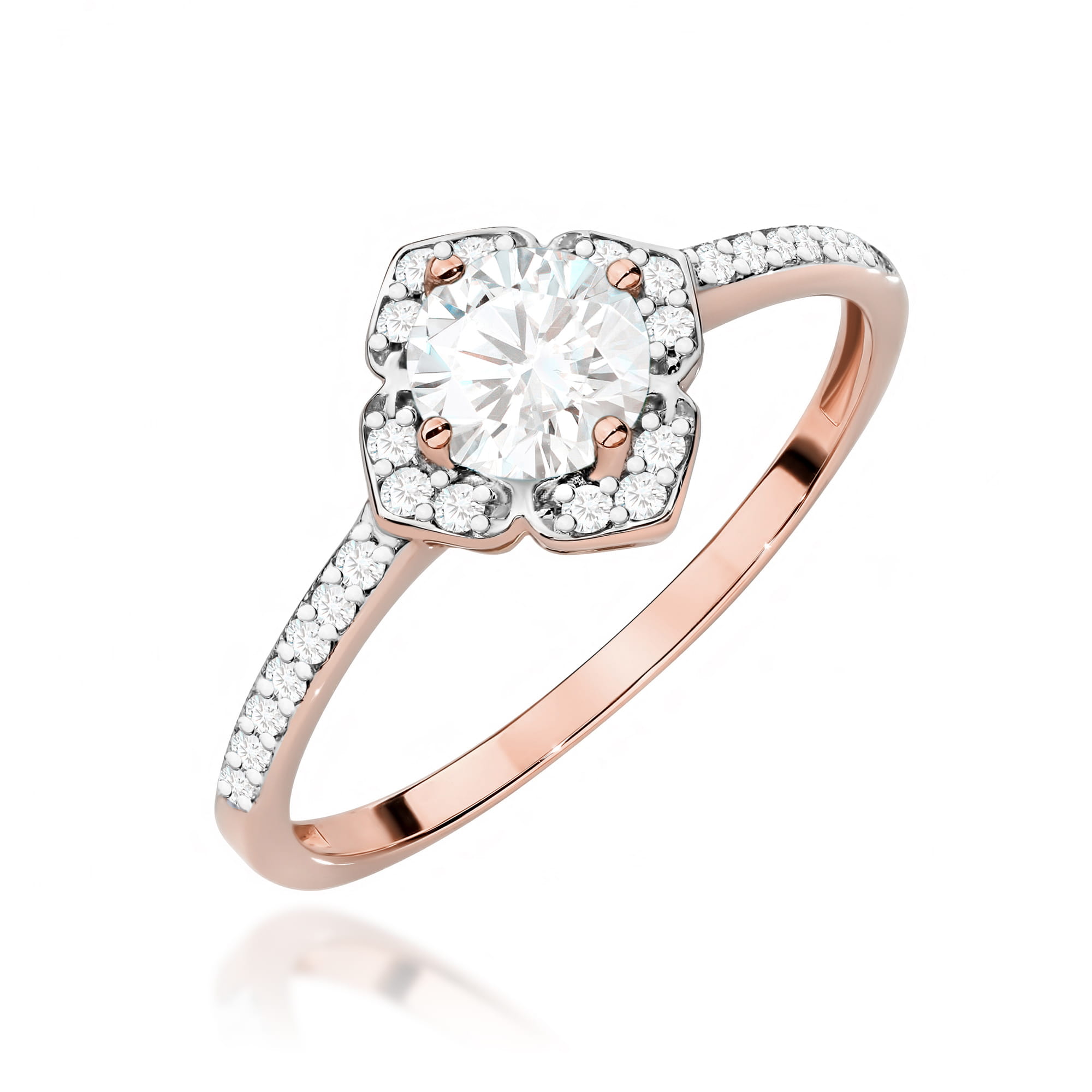 W0603.R3.SAW.01_1 Pierścionek z diamentem w kształcie kwiatu, z różowym złotem i drobnymi kamieniami na obrączce.