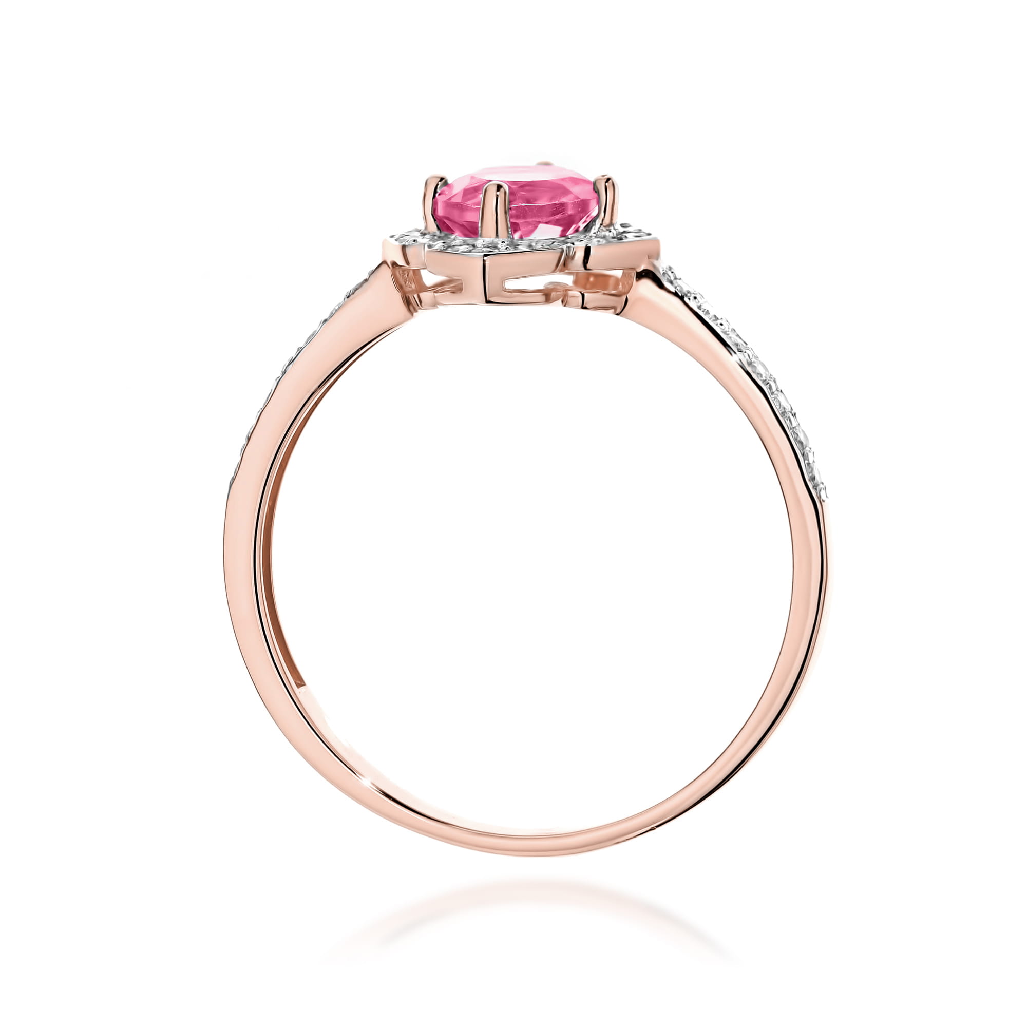 W0603.R3.TOP.01_3 Różowa pierścionek z centralnym kamieniem i diamentowymi zdobieniami na obrączce.