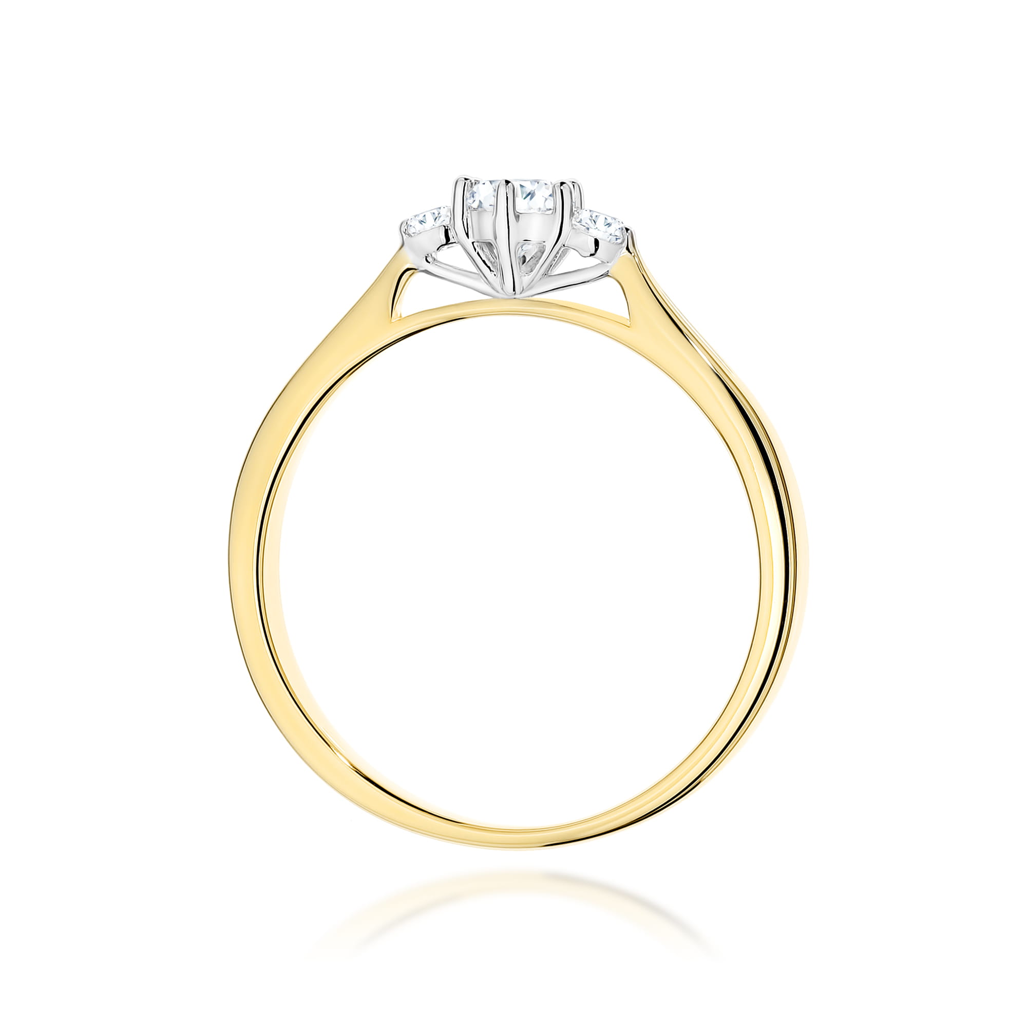 W0608.Z3.DIW.01_3 Złoty pierścionek z trzema diamentami, centralny większy, dwa mniejsze po bokach.