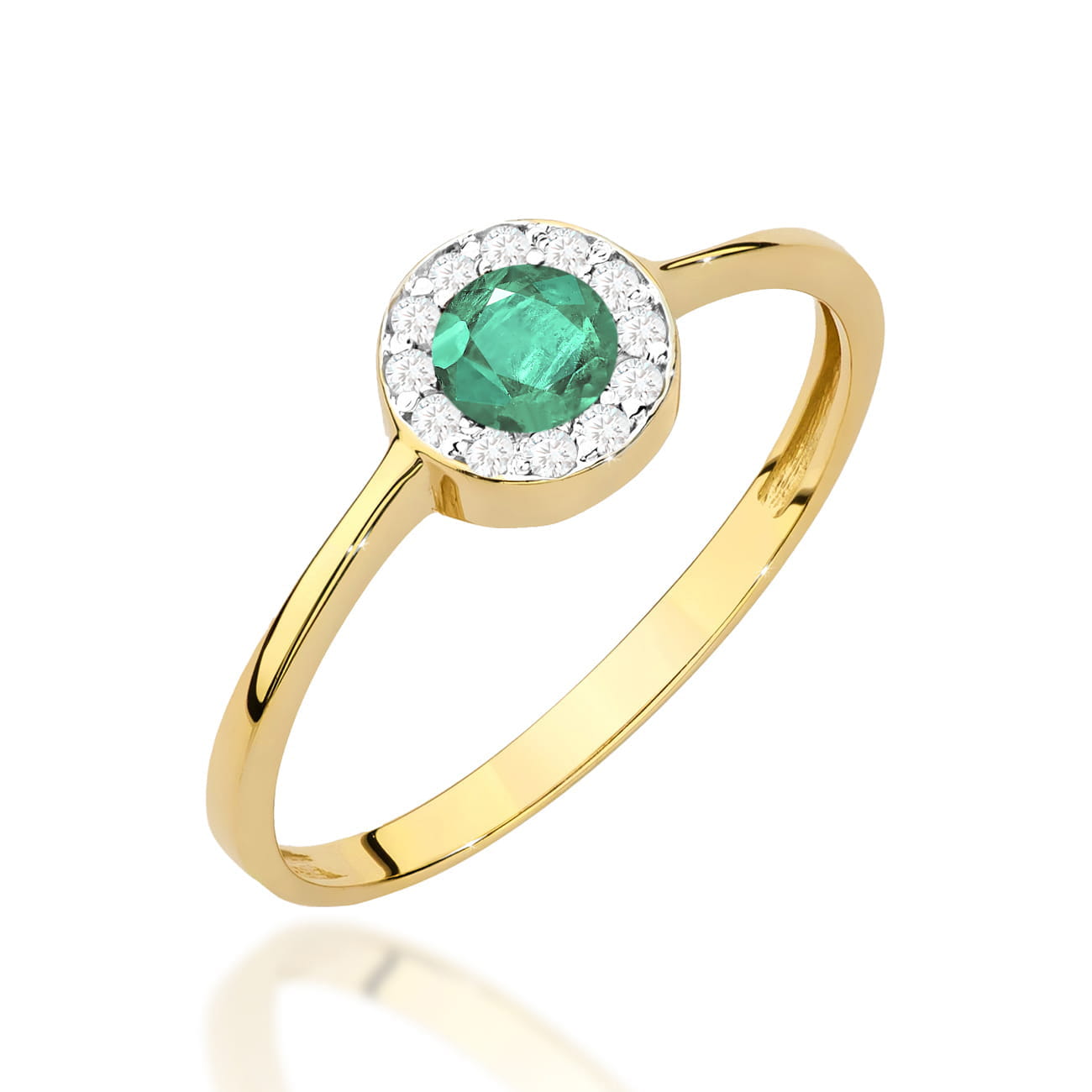 W0616.Z3.EMG.01_1 Złoty pierścionek z okrągłym szmaragdem otoczonym diamentami.