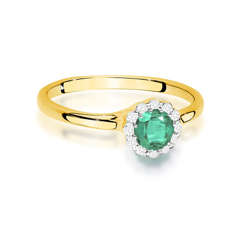 W0622.Z3.EMG.01_2 Złoty pierścionek z okrągłym szmaragdem otoczonym diamentami.