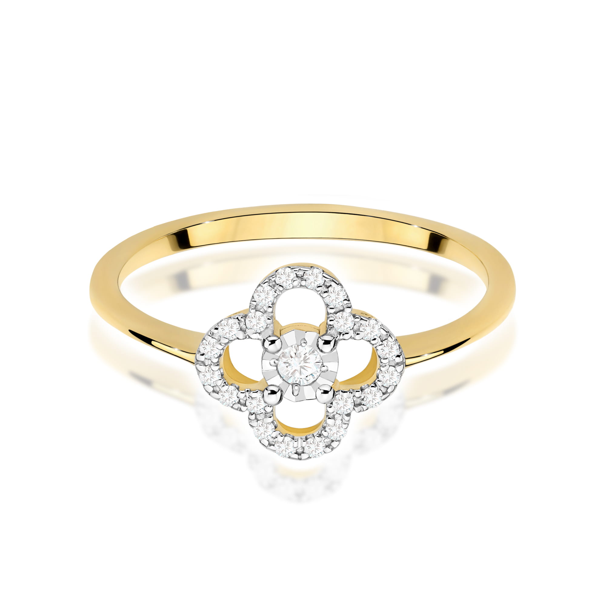 W0627.Z3.DIW.01_2 Złoty pierścionek z diamentową ozdobą w kształcie kwiatu, centralny diament otoczony mniejszymi kamieniami.