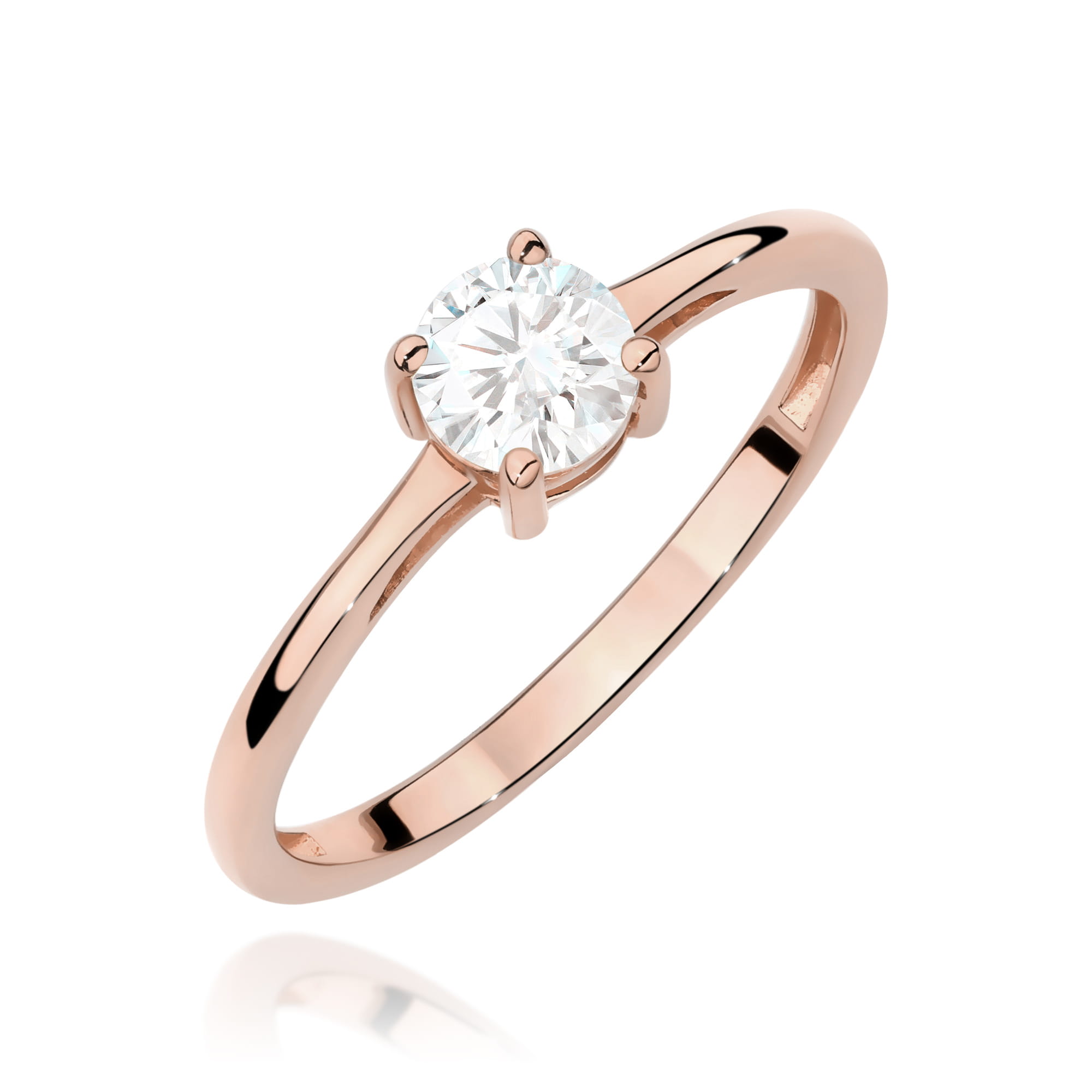 W0656.R3.SAW.01_1 Różowe złote pierścionek z okrągłym diamentem osadzonym w sześciu łapkach.