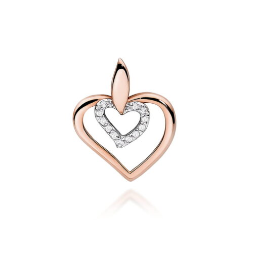 Złoty wisiorek w kształcie serca z diamentowym wnętrzem i ozdobnym liściem na górze.