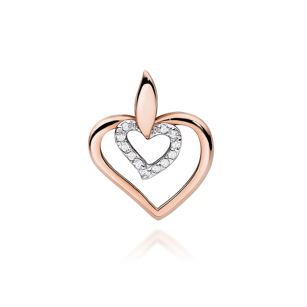 Z0016.R3.DIW.01_1 Złoty wisiorek w kształcie serca z diamentowym wnętrzem i ozdobnym liściem na górze.