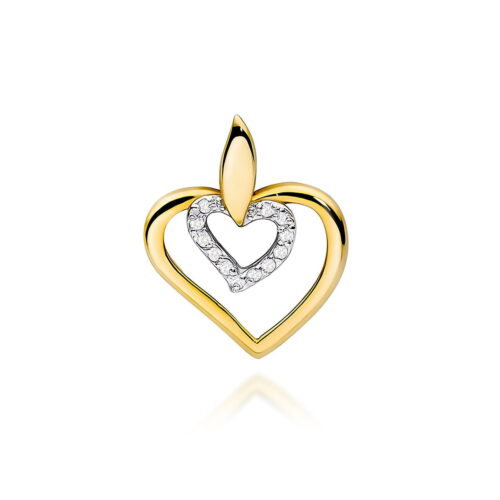 Złoty wisiorek w kształcie serca z mniejszym sercem wypełnionym diamentami.