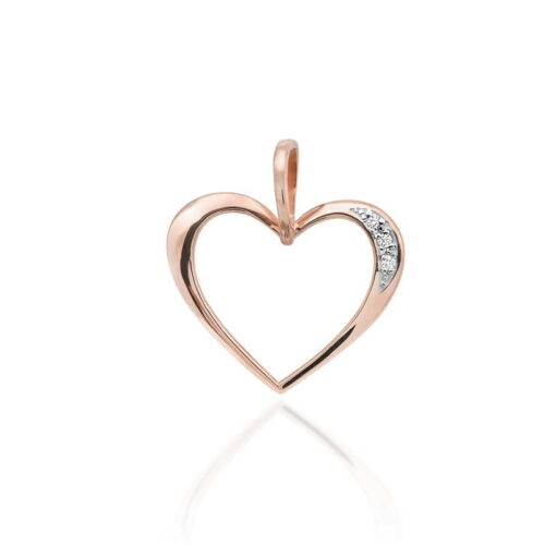 Złoty wisiorek w kształcie serca z diamentowym wykończeniem po jednej stronie.