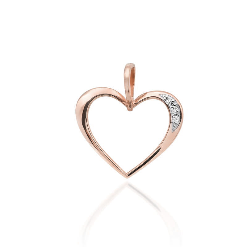 Z0030.R3.DIW.01_1 Złoty wisiorek w kształcie serca z diamentowym wykończeniem po jednej stronie.