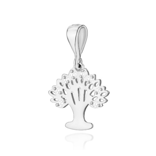 Srebrny wisiorek w kształcie drzewa z wyciętymi detalami i błyszczącymi elementami.