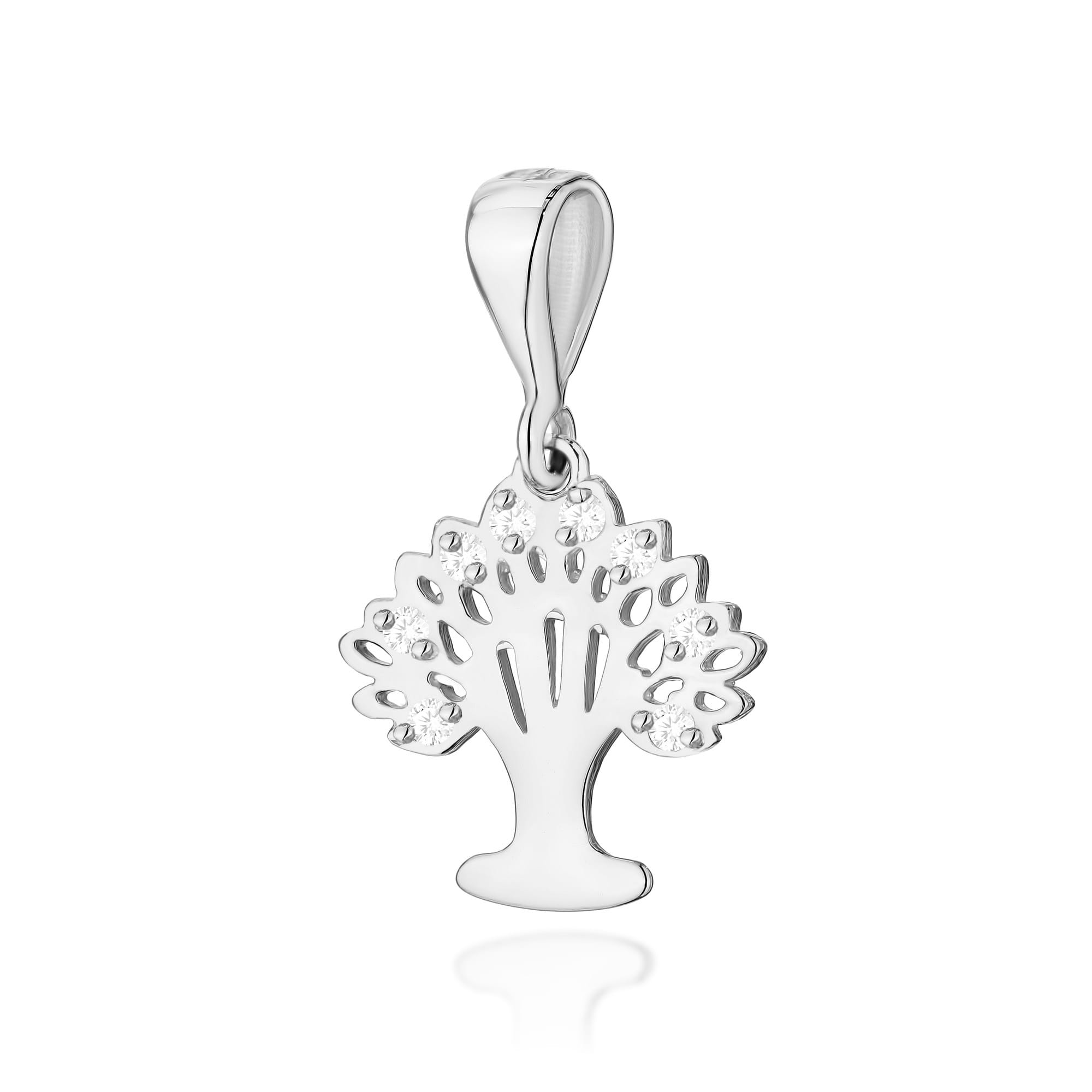 Z0038.B3.DIW.01_1 Srebrny wisiorek w kształcie drzewa z wyciętymi detalami i błyszczącymi elementami.