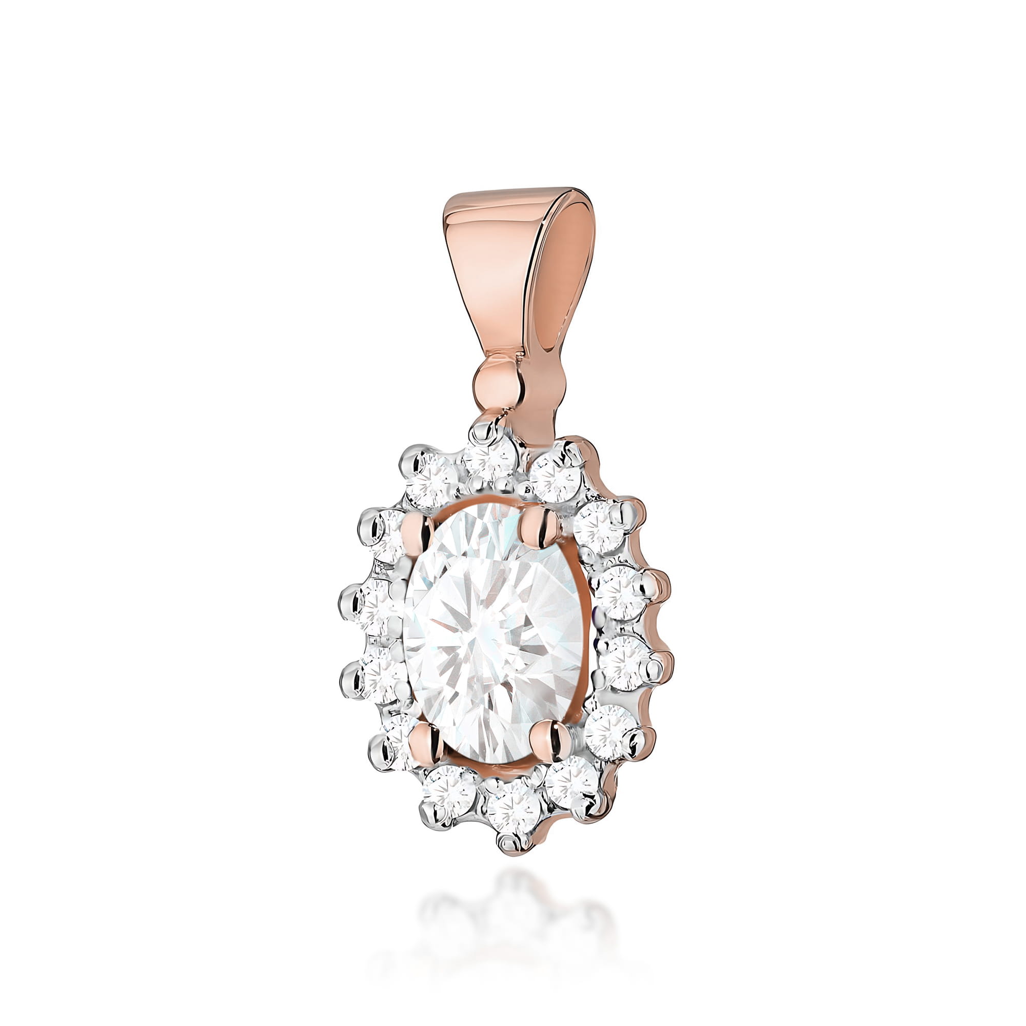 Z0182.R3.LDW.01_1 Złoty wisiorek z okrągłym, przezroczystym kamieniem otoczonym małymi, błyszczącymi kryształkami.